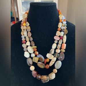.925 Sterling Silver Multi Strand Stone Necklace Orange Brown Cream Red Earthy